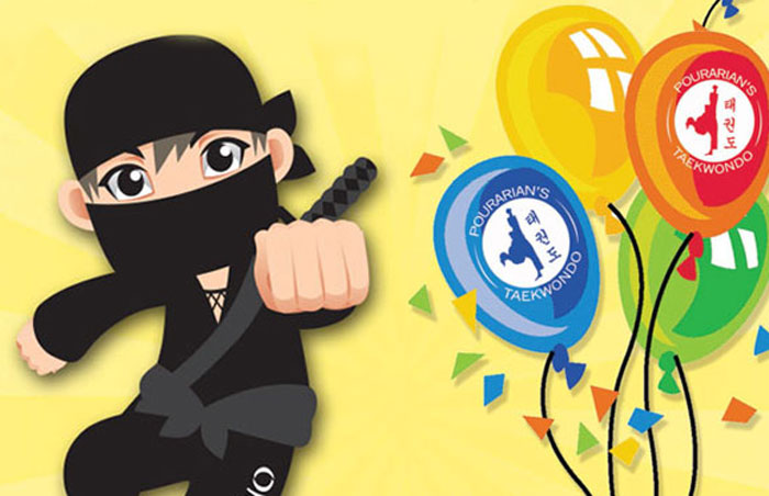 birthday graphic of a cartoon ninja next to birthday balloons against a yellow background