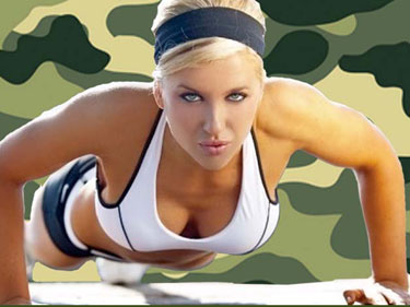 woman doing pushup against a green camo background