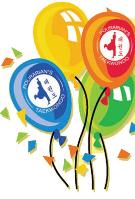 graphic of blue, red, yellow, and green balloons that say Pourarian's Taekwondo