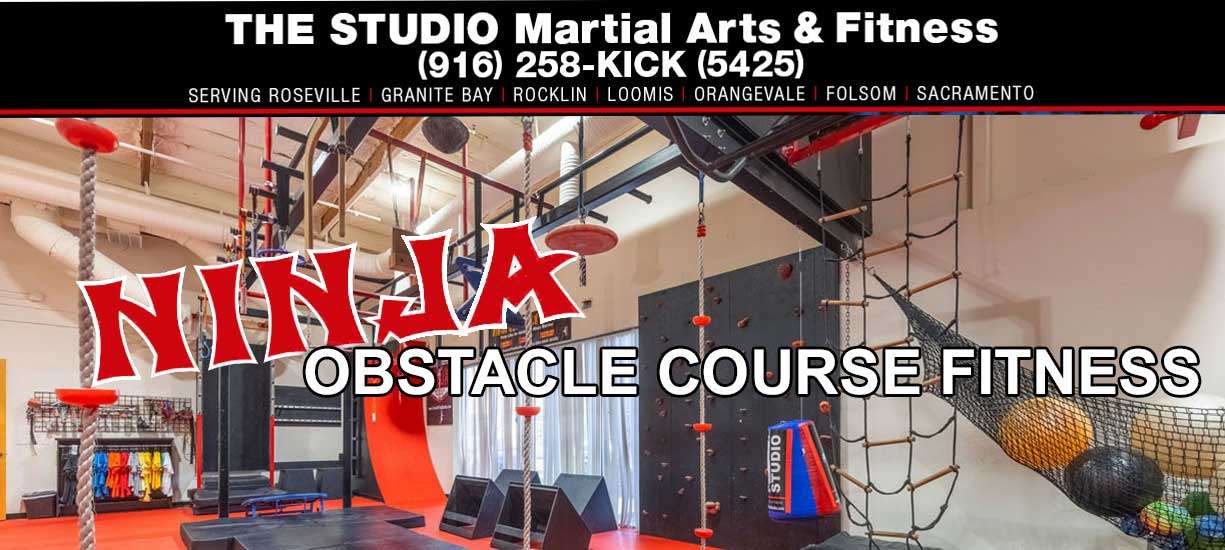photo of the ninja gym at THE STUDIO in Roseville with the words Ninja Obstacle Course Fitness