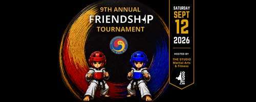 cartoon of two martial artists against a black background with the words 9th annual friendship tournament