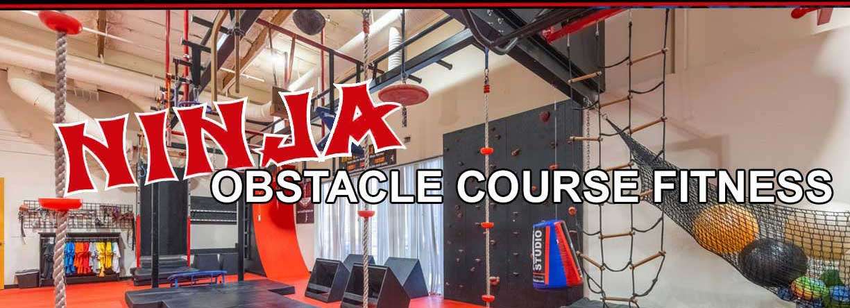 the ninja gym at THE STUDIO Martial Arts, Ninja, and Fitness in Roseville showing obstacles such as the warped wall, rock wall, cargo net and quad steps with an overlay that says Ninja Obstacle Course Fitness