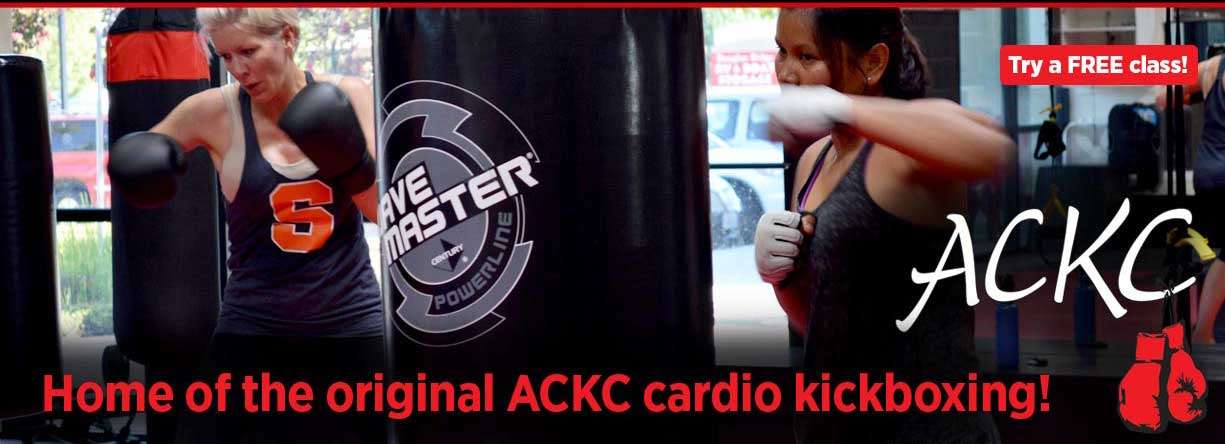 women punching bags with the words home of the original ackc cardio kickboxing