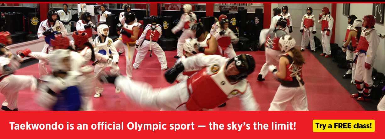 group of people in martial arts sparring gear with the words taekwondo an an official olympic sport the sky's the limit