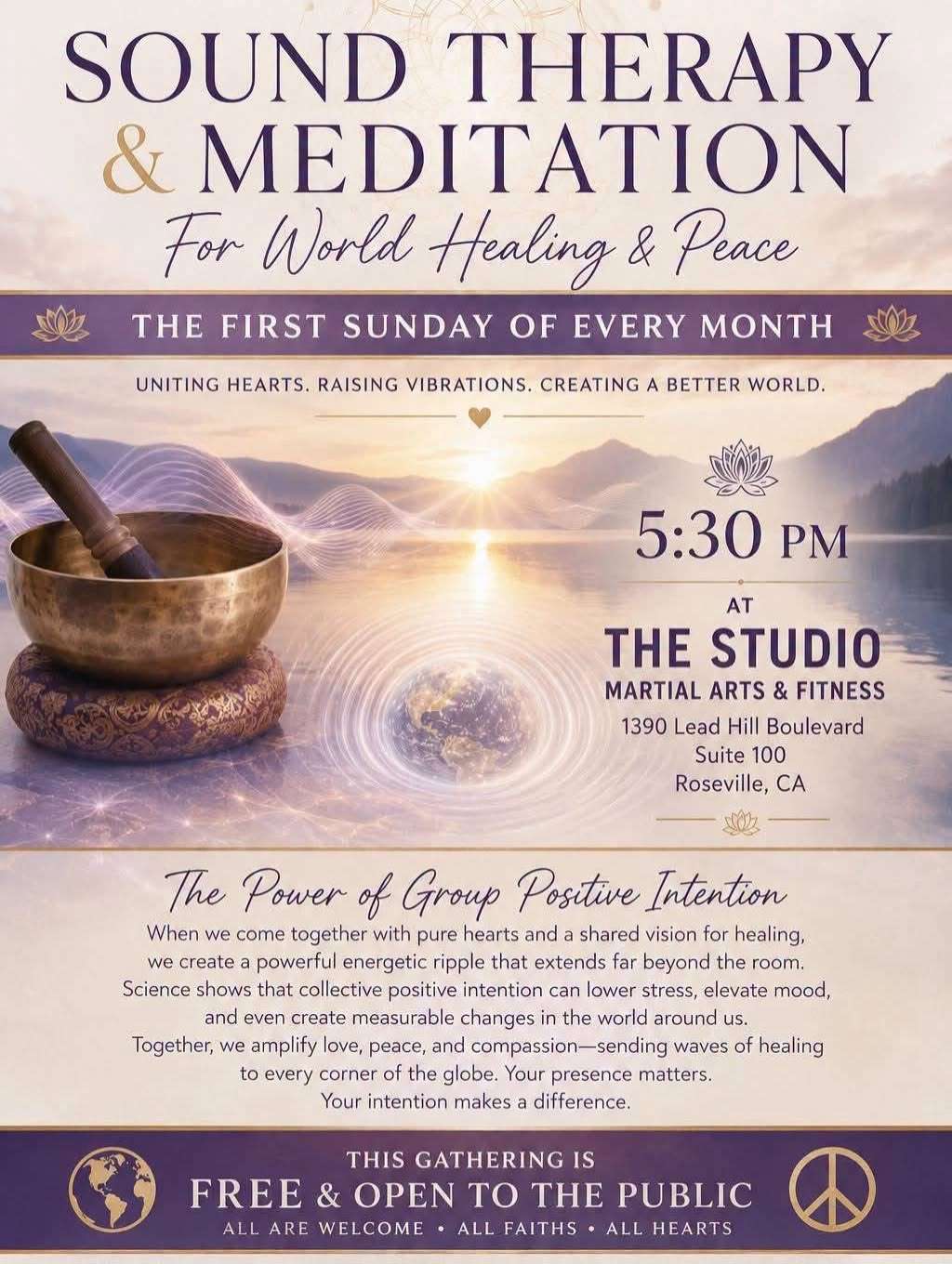 tibetan singing bowl in front of background with mountains and the text sound therapy and mediation for world healing and peace, the first sunday of every month, 5:30pm at THE STUDIO Martial Arts & Fitness