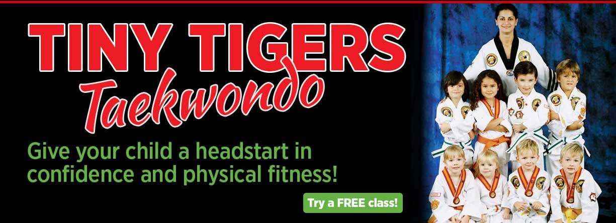 young children in martial arts uniform with an adult with the words tiny tigers taekwondo give your child a headstart in confidence and physical fitness