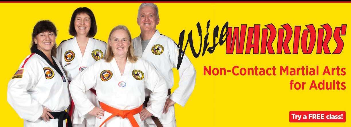 four older adults in martial arts uniforms with the words wise warriors non-contact martial arts for seniors